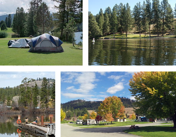 Top left: tent-camping-only site. Top right: view of park from Curlew Lake. Bottom left: Folks making use of fishing dock. Bottom right: RV camping area.