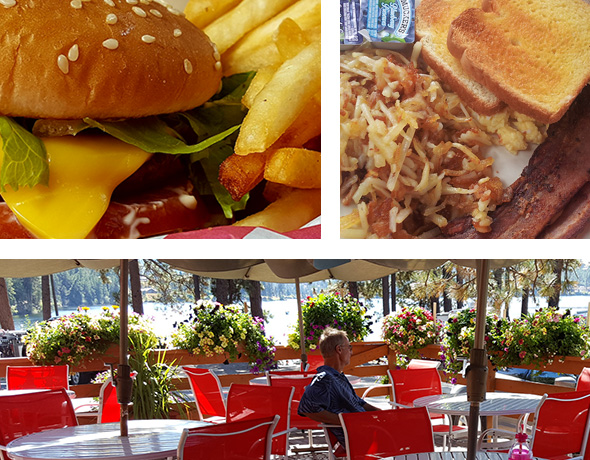 Montage of 3 photos: cheese burger deluxe, breakfast of eggs; hash browns, and bacon; and man sitting on red chair on outdoor deck.