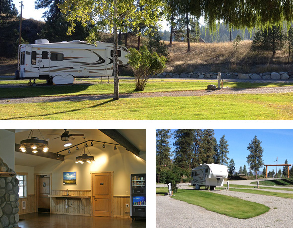 Montage. Top: 5th wheel travel trailer in one of 21 roomy lots. Bottom right: 5th wheel and gravel RV Park site. Bottom left: Recreation room with fireplace and snacks vending machine.