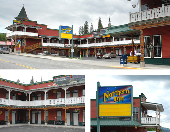 Top: View of Northern Inn and its attractive Western Victorian style architecture. Bottom left: detail view of first and second floors walkways and architecture. Bottom: right: Close view of Northern Inn sign.