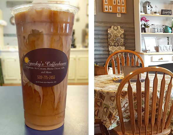 Photo montage: iced latte and seating area.