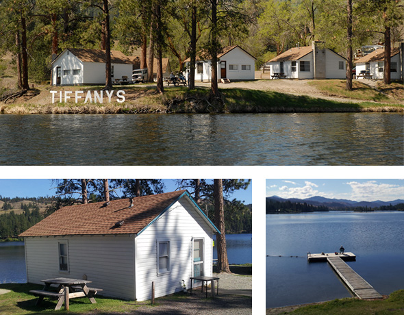 Top: Lake view of Tiffany's Resort's cabins and sign. Bottom right: Fishing dock. Bottom left: View of single cabin and its picnic table.