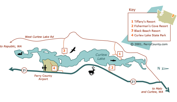 Drawing to show location of resorts and state park at Curlew Lake, WA. This map is not to scale.