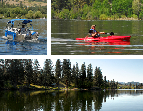 Top left: fisher headed out for a day's fishing. Top right: Kayaker enjoying early morning calm. Bottom: View of Curlew Lake State Park's day use swimming area.