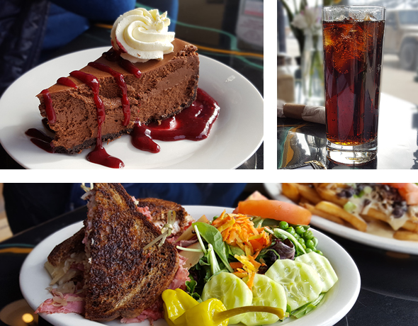 Top left: chocolate cheesecake. Top right: Coke in glass. Bottom: Reuben sandwich and side salad.
