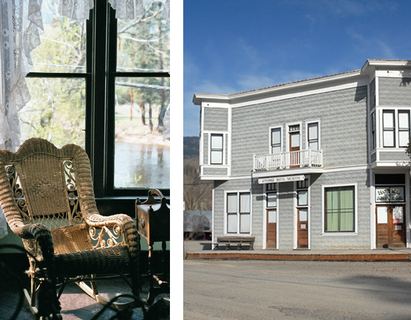 Left: Antique rocking chair by window with view of Kettle River. Right: View of Ansorge Hotel Museum.