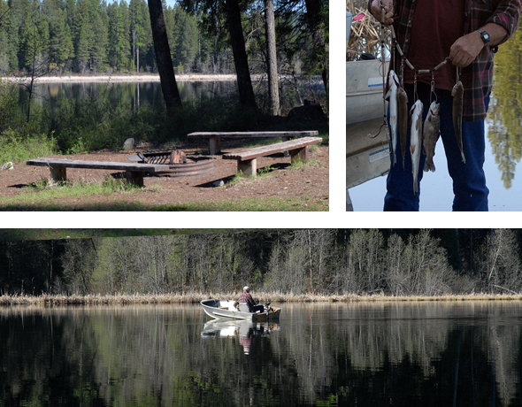 Top left: tent-camping-only site. Top right: view of park from Curlew Lake. Bottom left: Folks making use of fishing dock. Bottom right: RV camping area.