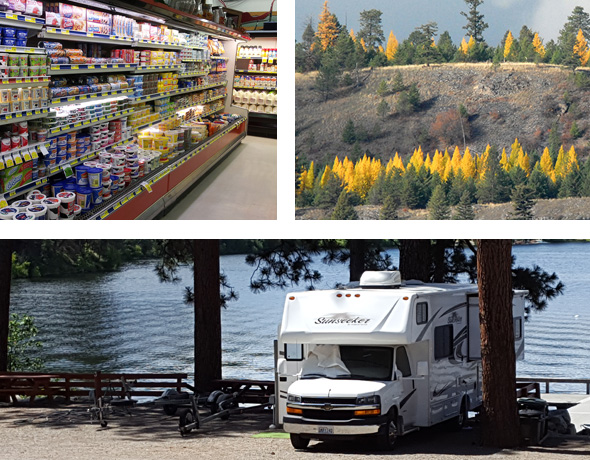 Top left: grocery store shelves. Top right: all yellow autumn tamarak trees. Bottom: hunter's truck and camper parked at lake resort.