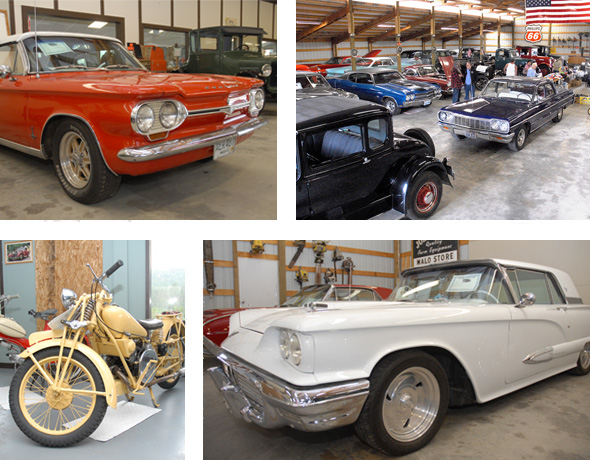 Top left: red corvair. Top right: View of collection of antique and vintage cars. Bottom left: 1935-Moto-Guzzi-500-Single. Bottom right: 1959 white Thunderbird.