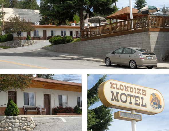 Top: Street view of Klondike Motel. Bottom left: close view of rooms' exterior doors. Bottom right: View of the Klodike Motel sign.