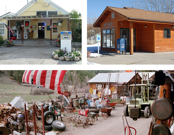 Top left: Malo store. Top right: Malo post office. Bottom: Malo Trading Post.