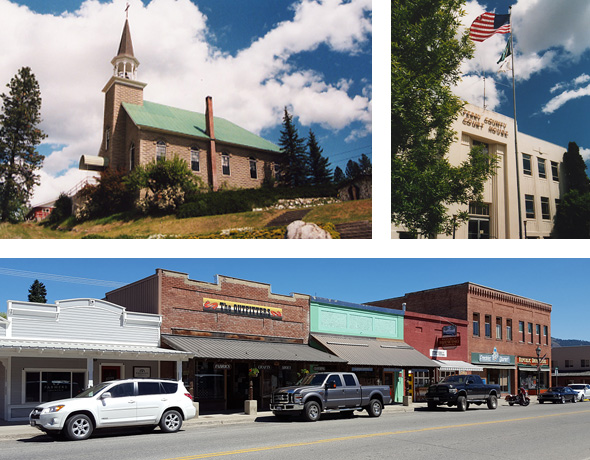 Top left: Catholic Church. Top right: County Courthouse. Bottom: businesses on Clark Ave.