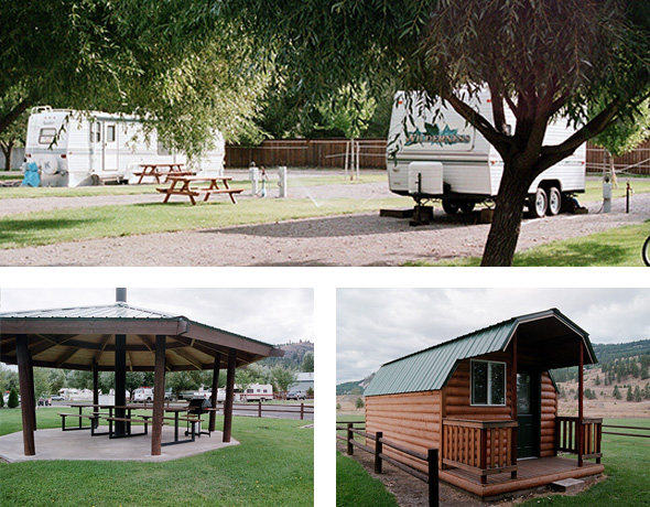 Top: two travel trailers on their sites. Bottom left: Gazebo and propane BBQ grill. bottom right: Cabin.
