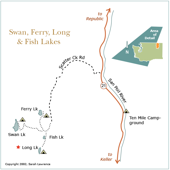 Four small lakes (Swan, Long, Ferry, and Fish) are accessible off Scatter Creek Road, Republic, WA. The red star marks Swan Lake, the largest lake of the four. Map is illustration only.
