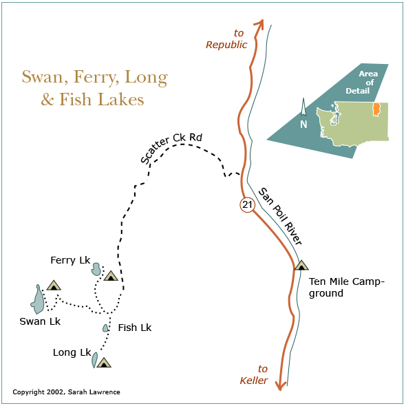 Map illustration with detail of four small lakes off Scatter Creek Rd, Republic, WA.