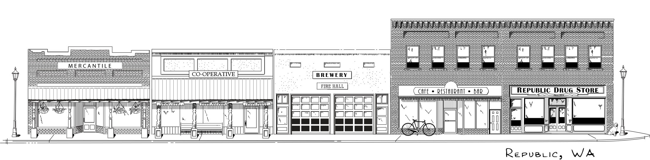 Illustrated line-drawing of historic buildings in Republic, WA.