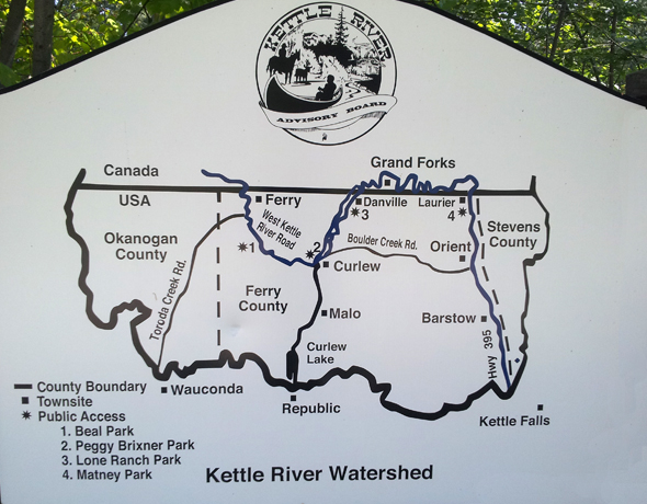 Map shows locations of four small parks located on the Kettle River and created through the auspices of the Ferry County and Stevens County commissioners. Land was donated by Tom and Donna Beal.