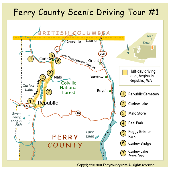 Artistic illustration of map of northern half of Ferry County, that includes driiving loop and seven stops.