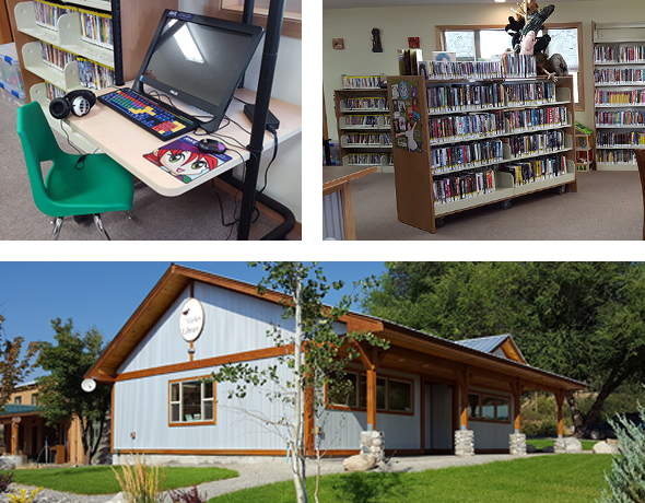 Exterior view of Curlew Library. Desk with open laptop. Inside photo of full book shelves/