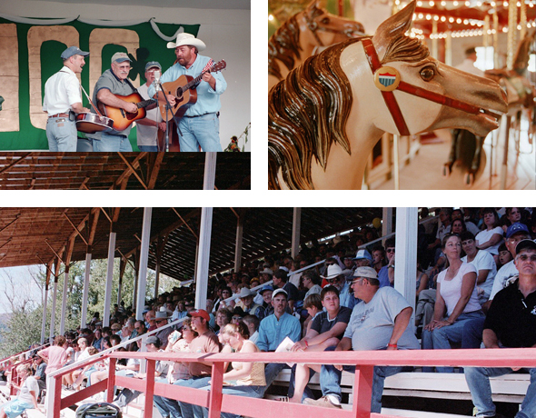 Top left: Talented musicians perform Blue Grass favorites. Top right: Ride an antique carousel horse at the fair. Audience watches old-fashioned professional and amateur horse races.