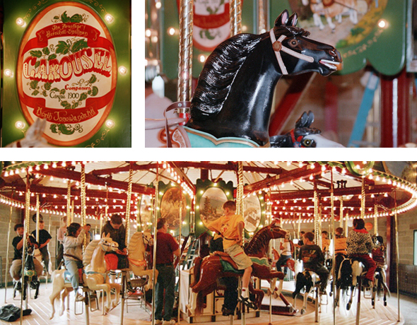 Top left: hand painted carousel sign. Top right: Black carousel horse. Bottom: View of the carousel with children on the horses.