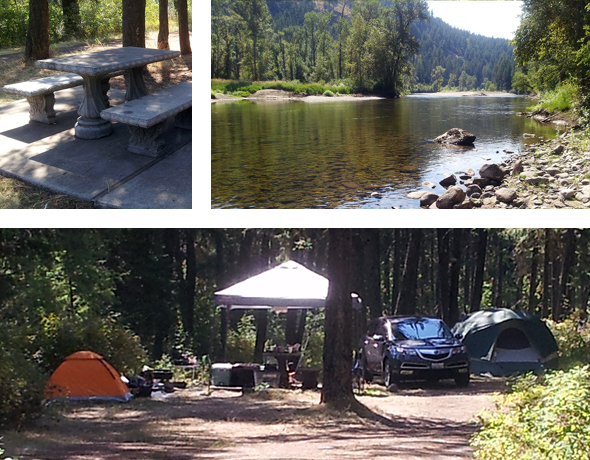 Top left: Concrete picnic table and benches. Top right: View of Kettle River from the shore at the Lone Pine Ranch Park. Bottom: Campers at the Lone Ranch Park campground. 