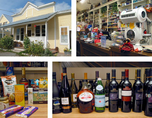 Top left: Back porch of Malo Store. Top right: Antique scale. Bottom left: Imported foods. Bottom right: Array of fine wines.