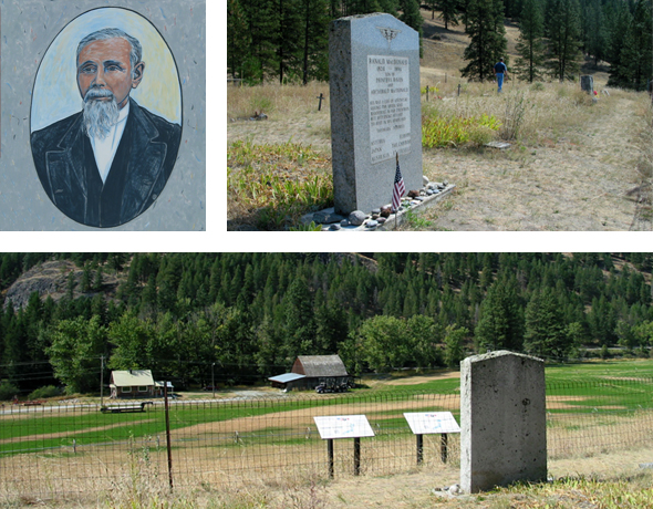 Top left: Painting of Ranald MacDonald. Top right: View of the Ranald MacDonald grave plot. Bottom: View of hillside below the grave site.
