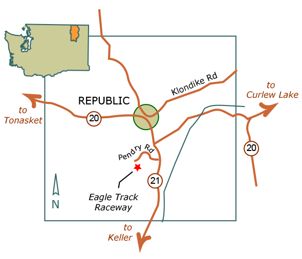 Map to Eagle Track Raceway. Map is an illustration and is not to scale. It is not interactive.