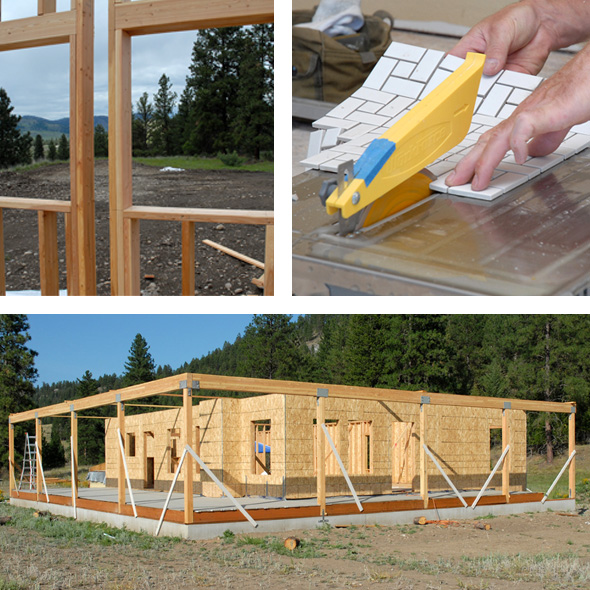 Top left: Wood framing for kitchen windows. Top right: Cutting white tile. Bottom: Framing of house with deck.