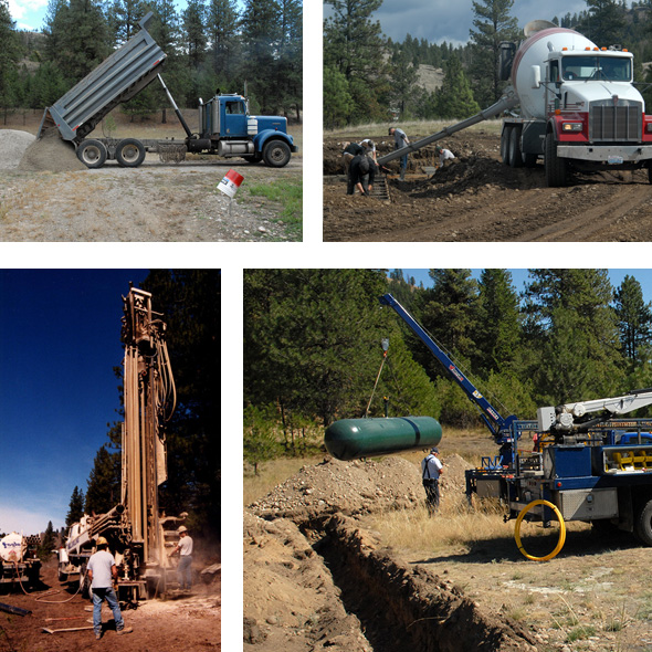 Top left: truck dumping gravel. Top: right: Cement truck beginning foundation pour. Bottom left: Well-digging rig. Bottom right: Propane tank being set.