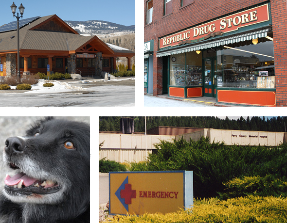 All Creatures Veterinary Clinic. Bottom right: Ferry County Memorial Hospital.