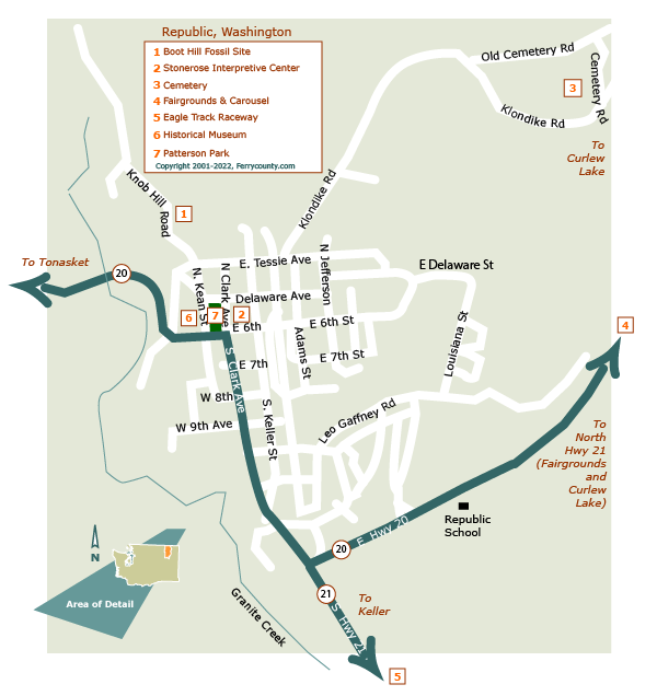 Illustrated map of Republic, WA (not to scale). 1. Boot Hill Fossil Site; 2. Stonerose Interpretive Center; 3. Cemetery; 4. Fairgrounds & Carousel; 5. Eagle Track Raceway; 6. Historical Museum; 7. Patterson Park.