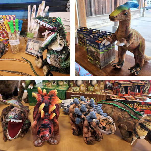 Gift shop stocks stuffed dinosaurs, science experiments, and minerals.