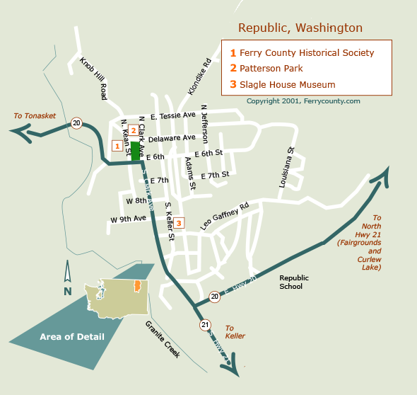 Illustration of location in Republic, WA, of Historical Society bldg, Kauffman Cabin, and the Slagle House Museum.