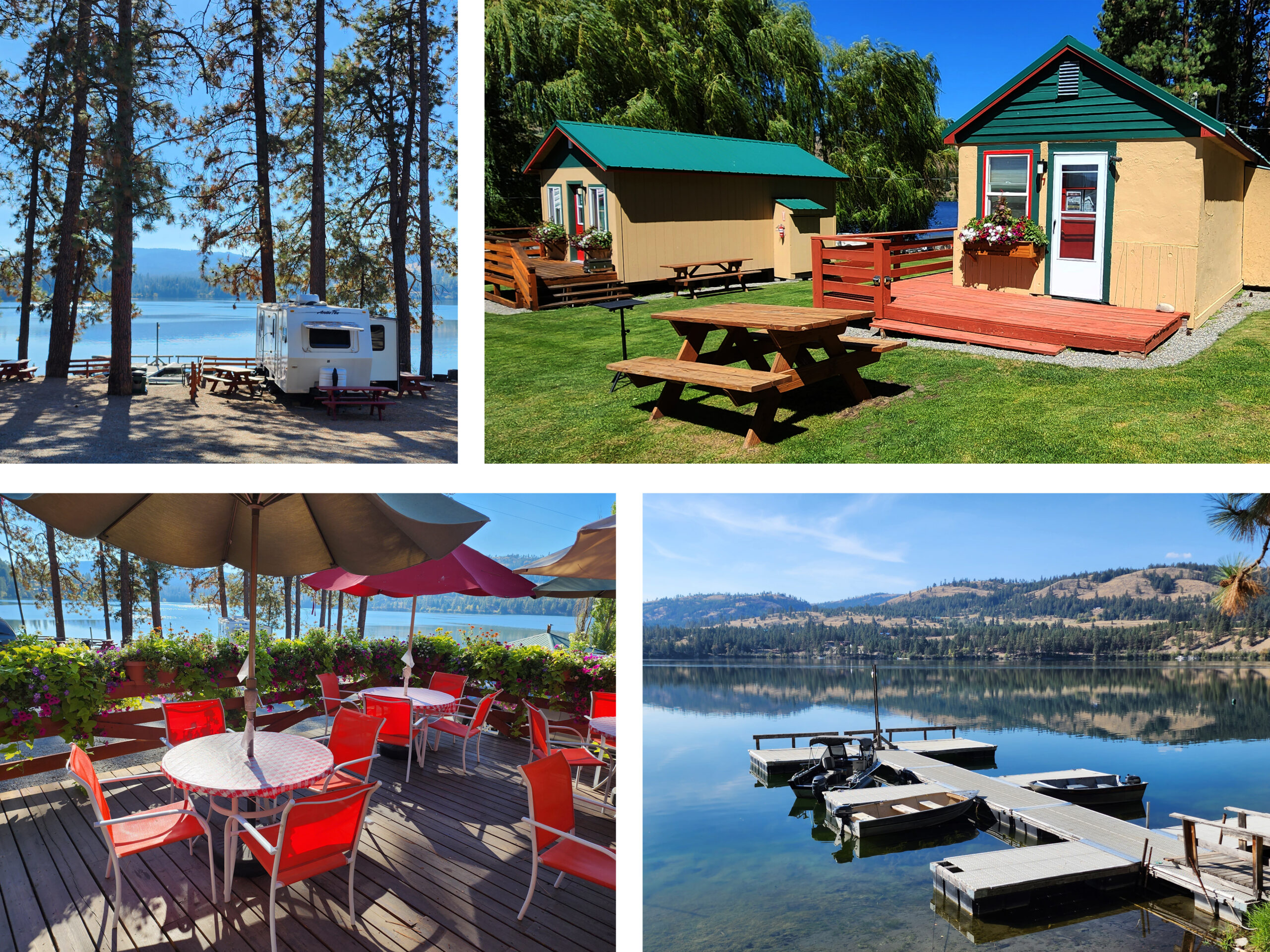 Top left: Lakeside camping sites. Top right: Charming, comfy cabins. Bottom left: Outdoor seating at the Snack Shack. Bottom right: View of one of their three fishing docks