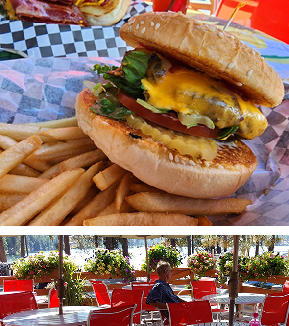 Montage of 2 photos: cheese burger deluxe, and man sitting on red chair on outdoor deck.